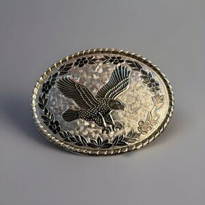 Vtg Silver Eagle & Flowers Oval Belt‎ Buckle, Made In USA, NWOT Cowboy Cowgirl